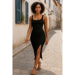 Kadın Askılı Kare Yaka Yandan Yırtmaçlı Midi Kaşkorse Elbise