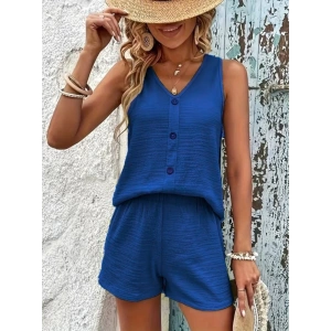 Kadın Askılı Kolsuz V Yakalı önden Düğmeli Bürümcük Bluz Ve Short Ikili Takım