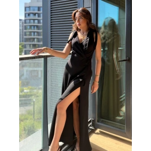 Kadın Askılı Omuzdan Bağlamalı Kruvaze Yakalı Uzun Yırtmaçlı Janjan Krep Elbise