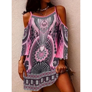 Kadın Askılı Omuzlardan Açık Truvakar Kol Desenli Kısa Süprem Elbise