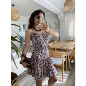 Kadın Askılı V Yaka Beli Pileli Leopar Desen Eteği Fırfırlı Süprem Elbise