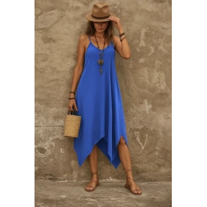 Kadın Askılı V Yakalı Cep Detaylı Asimetrik Kesim Viskon Elbise