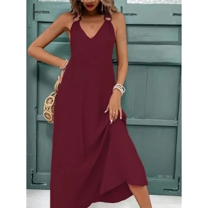 Kadın Askılı V Yakalı Halka Detaylı Maksi Boy Viskon Elbise