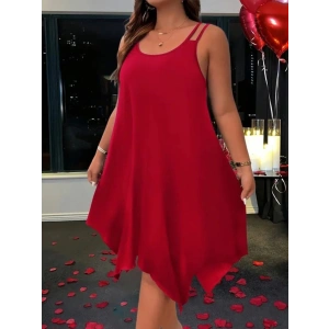 Kadın Askılı Yuvarlak Asimetrik Kesim Detaylı Viskon Elbise