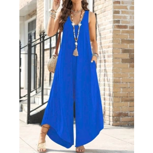 Kadın Askılı Yuvarlak Yaka Cepli Salaş Uzun Viskon Tulum