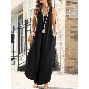 Kadın Askılı Yuvarlak Yaka Cepli Salaş Uzun Viskon Tulum