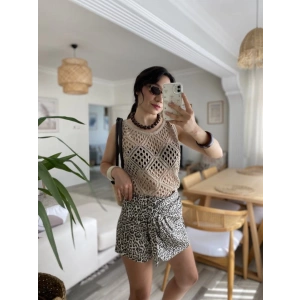 Kadın Askılı Yuvarlak Yaka Geometrik Desenli Triko Bluz