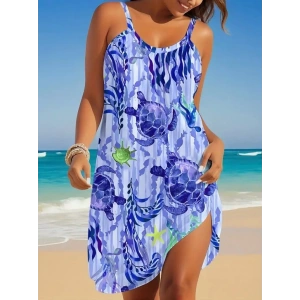 Kadın Askılı Yuvarlak Yaka Kaplumbağa Desenli Süprem Elbise