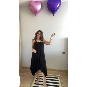 Kadın Askılı Yuvarlak Yaka Kuş Gözü Detaylı Asimetrik Viskon Elbise