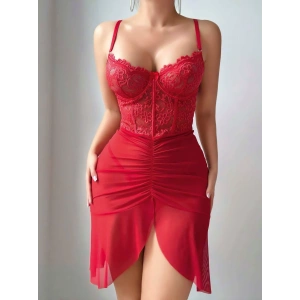 Kadın Ateş Kırmızısı Önden Yırtmaçlı Tül Fantezi Gecelik 2241