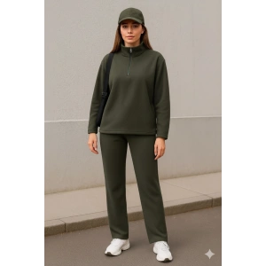 Kadın Balıkçı Yaka Fermuar Detay Polar Sweat Ve Pantolon Ikili Takım