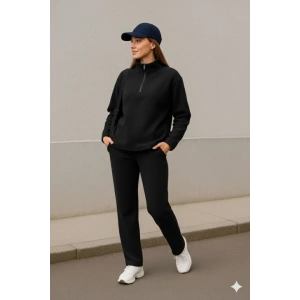 Kadın Balıkçı Yaka Fermuar Detay Polar Sweat Ve Pantolon Ikili Takım