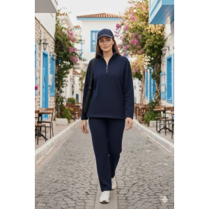 Kadın Balıkçı Yaka Fermuar Detay Polar Sweat Ve Pantolon Ikili Takım
