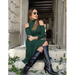 Kadın Balıkçı Yaka Omuzlardan Açık Uzun Kollu Janjan Krep Elbise