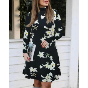 Kadın Balıkçı Yaka Uzun Kollu çiçek Desenli Krep Elbise