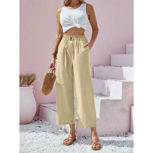 Kadın Bel Büzgü Ve Düğme Detay Kapri Keten Pantolon