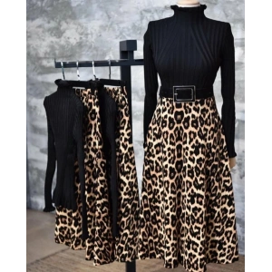 Kadın Beli Lastikli Leopar Desenli Krep Kumaş Efsane Etek Kemersiz