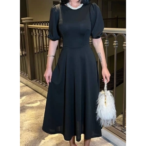 Kadın Bisiklet Yaka Kısa Kol Lastik Detay Uzun Elbise