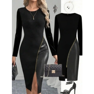 Kadın Bisiklet Yaka Uzun Kollu Deri Ve Fermuar Detay Mini Yırtmaçlı Elbise