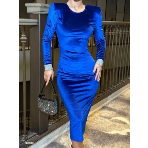 Kadın Bisiklet Yaka Vatkalı Manşet Detay Kadife Kumaş Midi Boy Elbise