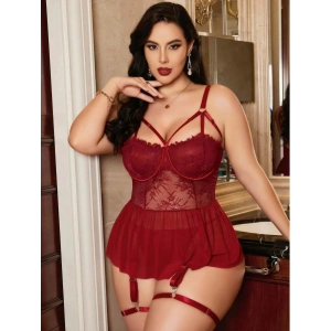 Kadın Bordo Dantelli Transparan Büyük Beden Fantezi Gecelik Takımı 8002