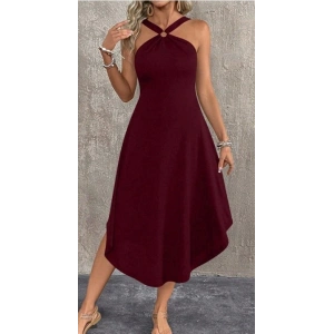 Kadın Boyundan çapraz Askılı Halka Detaylı Asimetrik Kesim Viskon Elbise