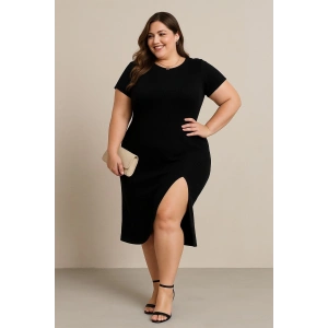 Kadın Büyük Beden Kısa Kollu Yanı Yırtmaçlı Bisiklet Yaka Viskon Elbise