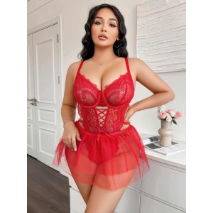 Kadın Çapraz İpli Dantelli Büyük Beden Tüllü Transparan Fantezi Gecelik 8008