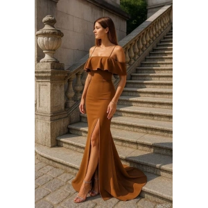 Kadın Dalgıç Krep Yırtmaç Detaylı Askılı Maxi Boy Elbise