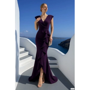 Kadın Dalgıç Kumaş V Yaka Fırfır Detaylı Maxi Boy Elbise