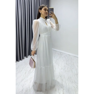 Kadın Damla Yaka Sırt Dekolteli Astarlı Tül Elbise