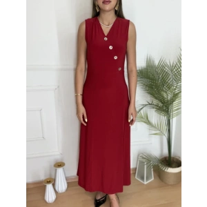 Kadın Düğme Detay Kolsuz Maxi Boy Elbise