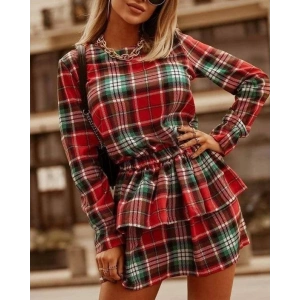 Kadın Ekose Kumaş Dijital Baskılı Uzun Kollu Mini Boy Elbise