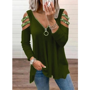 Kadın Haki Kolları Taş Işlemeli Uzun Kol Fermuarlı Viskon Bluz