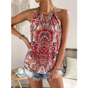 Kadın Halter Kollu Damla Detaylı Desenli Süprem Bluz