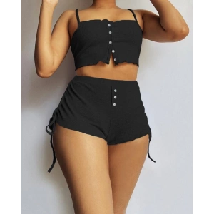 Kadın Ip Askılı Crop Bluz Ve Yanlardan Büzgülü Ikili Kaşkorse Short Takım