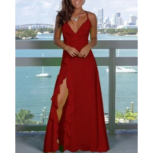 Kadın Ip Askılı Dekolteli Yırtmaç Detay Krep Elbise