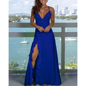 Kadın Ip Askılı Dekolteli Yırtmaç Detay Krep Elbise