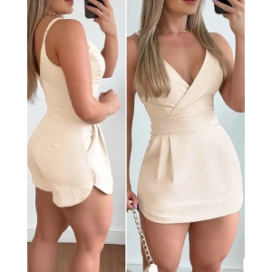 Kadın Ip Askılı Kruvaze Yakalı Cep Detaylı Ithal Krep Short Etek