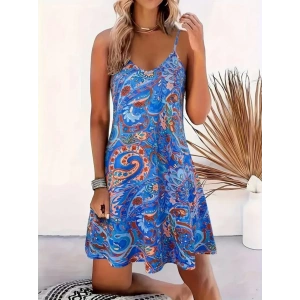 Kadın Ip Askılı V Yakalı Desenli Kısa Süprem Mini Elbise