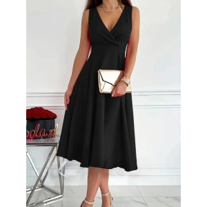 Kadın Ithal Krep Kumaş Kruvaze Yaka Eteği Kloş Kolsuz Mini Elbise