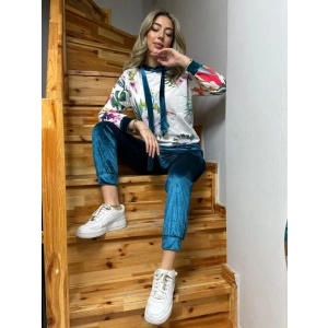Kadın Kadife Kumaş Uzun Kollu Kapüşon Detay çiçek Baskılı Sweat Ve Pantolon Ikili Takım