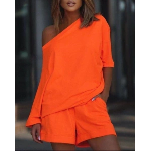 Kadın Kayık Yaka Salaş Iki Iplik Bluz Ve şort Ikili Takım