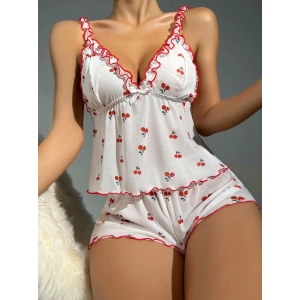 Kadın Kiraz Desenli Fırfırlı Şortlu Gecelik Takım 5101