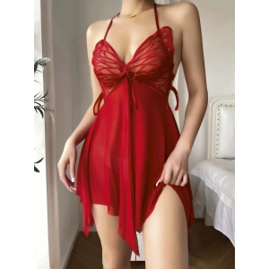 Kadın Kırmızı Kelebek Detaylı Tül Fantezi Gecelik 2246