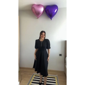 Kadın Kısa Balon Kollu Bisiklet Yaka Kiloş Janjan Krep Elbise