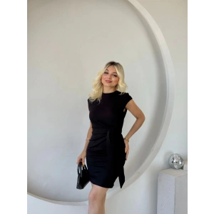 Kadın Kısa Kap Kollu Bisiklet Yaka Belden Bağlamalı Modal Mini Elbise