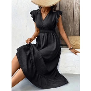 Kadın Kısa Kelebek Kollu Kruvaze Yakalı Beli Lastikli Aerobin Elbise