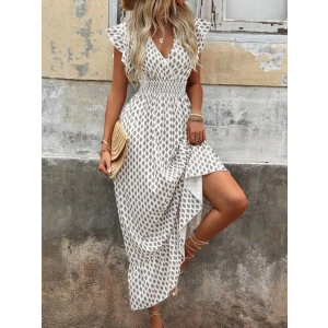 Kadın Kısa Kelebek Kollu Kruvaze Yakalı Desenli Süprem Elbise