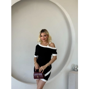 Kadın Kısa Kollu Asimetrik Kesim Yaka şerit Ve Aksesuar Detaylı Modal Elbise